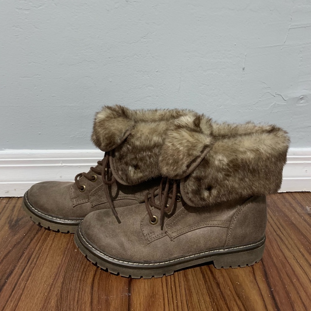 Gray-Brown Faux Fur Combat Boots w/ Broncos Laces